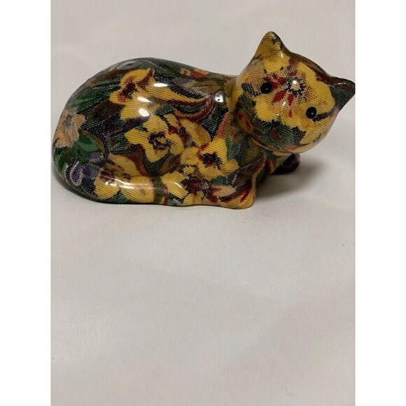 Other - Vintage 1960's Floral Fabric Glazed Decoupage Cat Figurine, ceramic decorative